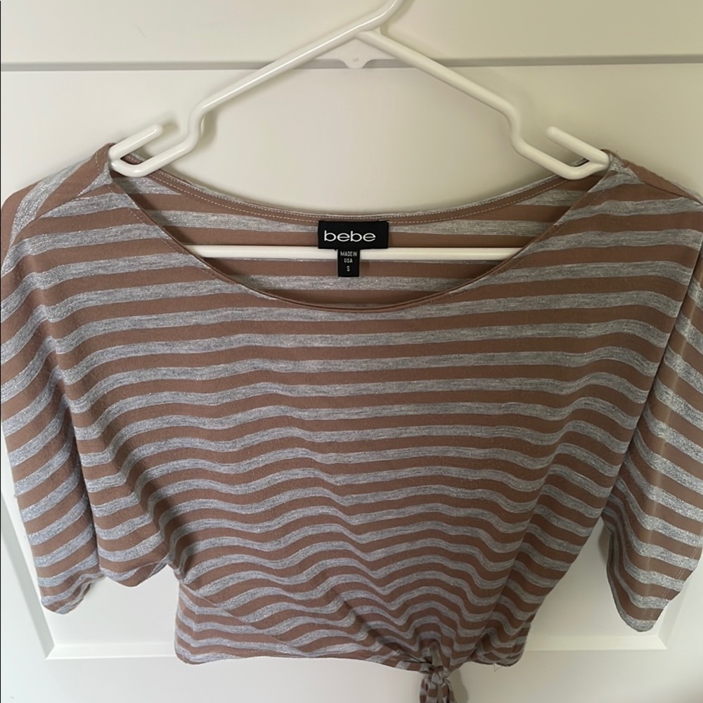 bebe Taupe & Silver Striped Tie-Front Women’s Top